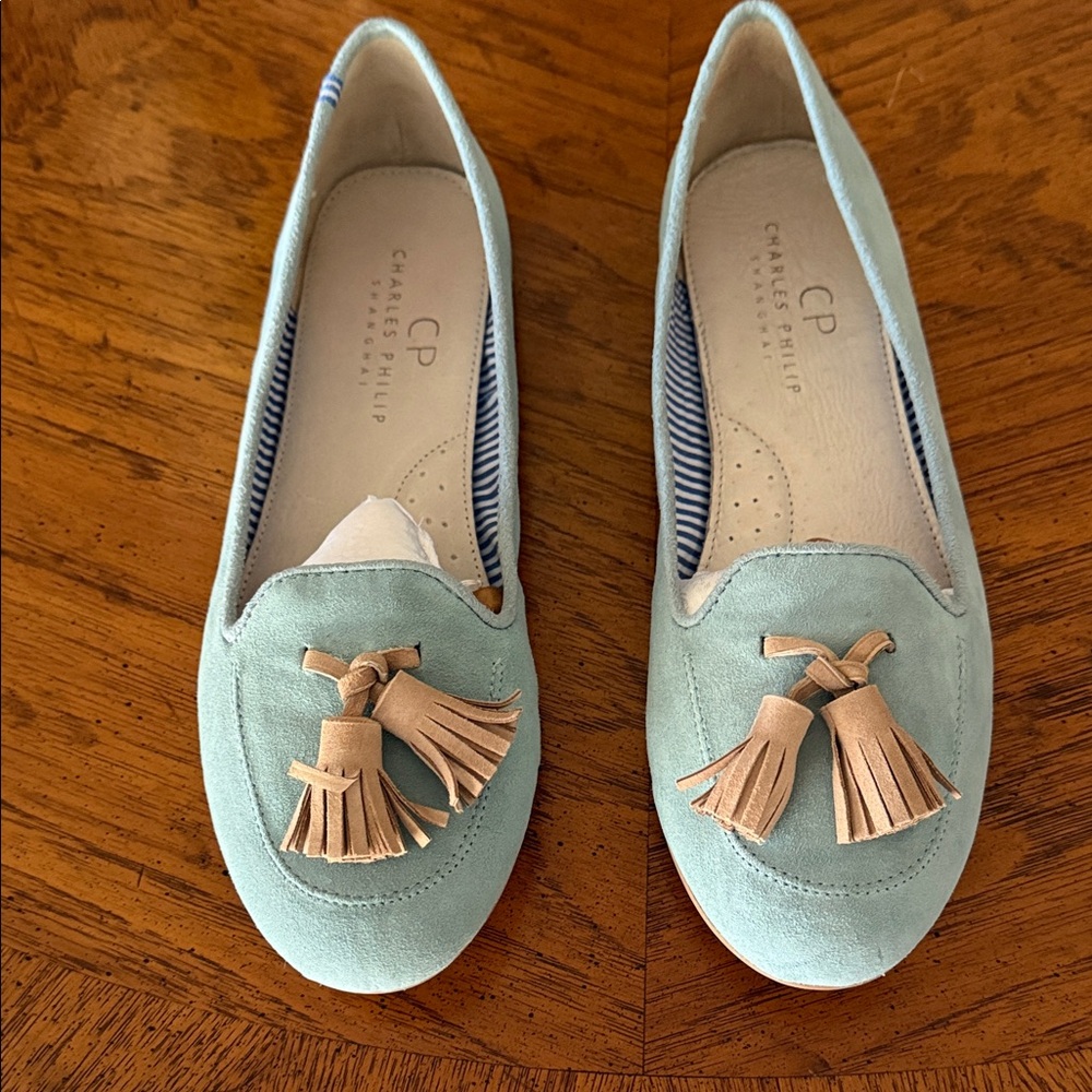 Charles Philip Loafers, light blue, size 9. 1/2
